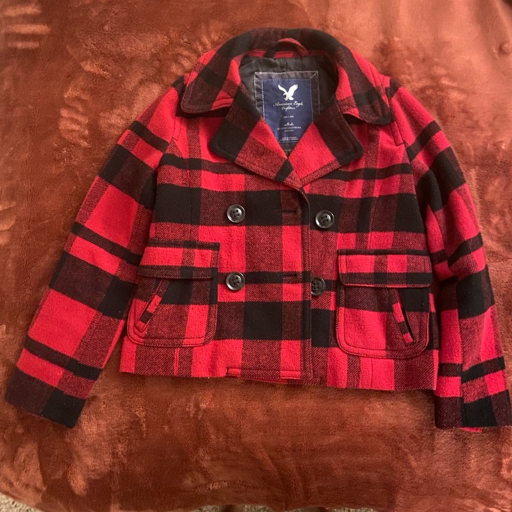 American Eagle Vintage Red Plaid Pea Coat